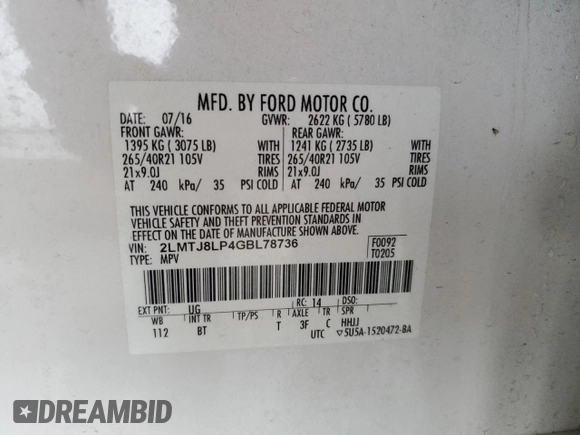 2016 Lincoln MKX Reserve with VIN 2LMTJ8LP4GBL78736, listed as a Copart auction lot 53084845 with 101,937 mi miles and Salvage title. Bid and sale history available at DreamBid. Image 13.