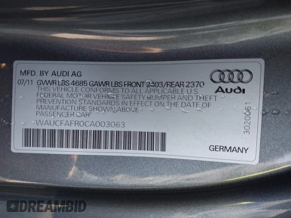 2012 Audi A5 2.0T Premium with VIN WAUCFAFR0CA003063, listed as a IAAI auction lot 41262098 with 81,145 mi miles. Bid and sale history available at carsss.com. Image 9.