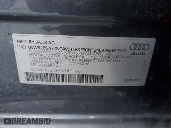 2004 Audi A4 3.0L with VIN WAULT68E34A145165, listed as a Copart auction lot 87502675 with 0 mi miles and Salvage Title. Bid and sale history available at carsss.com. Image 12.