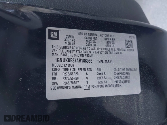 2010 Chevrolet Suburban LTZ with VIN 1GNUKKE37AR188966, listed as a IAAI auction lot 41833988 with 215,922 mi miles. Bid and sale history available at carsss.com. Image 9.