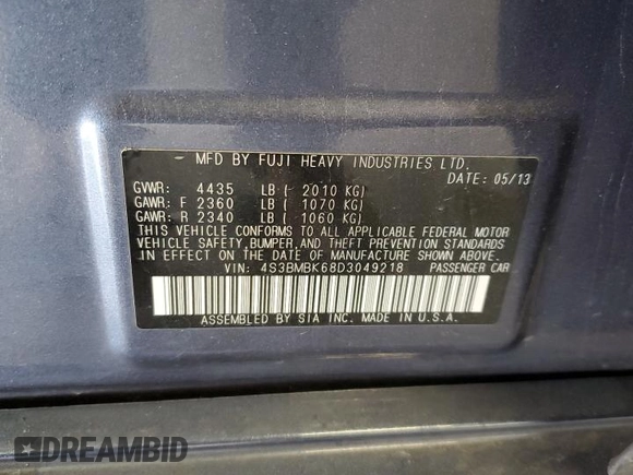 2013 Subaru Legacy Limited with VIN 4S3BMBK68D3049218, listed as a Copart auction lot 64255835 with 156,827 mi miles and Salvage title. Bid and sale history available at DreamBid. Image 13.
