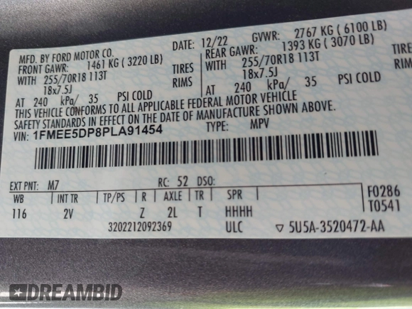 2023 Ford Bronco z VIN 1FMEE5DP8PLA91454, wystawiony jako IAAI lot #42805631 z przebiegiem 49 354 mil mil oraz . Historia ofert i sprzedaży dostępna na DreamBid. Obrazek 9.