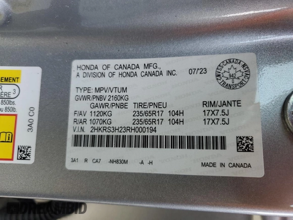 2024 Honda CR-V LX with VIN 2HKRS3H23RH000194, listed as a Copart auction lot 46659925 with 41,249 mi miles and Salvage Title. Bid and sale history available at DreamBid. Image 14.