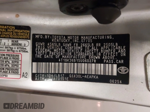 2005 Toyota Avalon XL with VIN 4T1BK36B15U060278, listed as a IAAI auction lot 41667236 with 167,535 mi miles and . Bid and sale history available at DreamBid. Image 9.