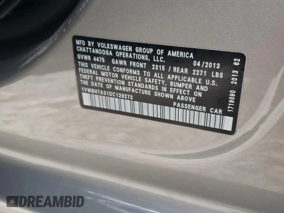 2013 Volkswagen Passat SE with VIN 1VWBH7A31DC129272, listed as a Copart auction lot 86869924 with 107,228 mi miles and Salvage Title. Bid and sale history available at carsss.com. Image 15.