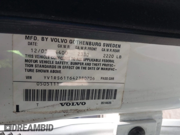 2004 Volvo S60 with VIN YV1RS61T642380706, listed as a IAAI auction lot 41945632 with Not provided miles and . Bid and sale history available at DreamBid. Image 9.