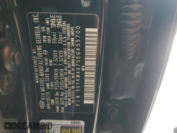 2014 Kia Sorento SX Limited with VIN 5XYKW4A75EG455700, listed as a Copart auction lot 64224484 with 66,328 mi miles and Salvage Title. Bid and sale history available at carsss.com. Image 12.