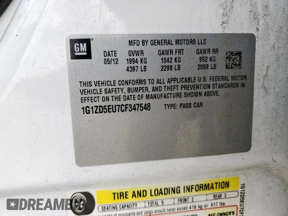 2012 Chevrolet Malibu 2LT with VIN 1G1ZD5EU7CF347548, listed as a Copart auction lot 54620155 with 131,619 mi miles and Salvage Title. Bid and sale history available at DreamBid. Image 12.