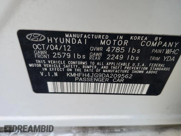 2013 Hyundai Azera with VIN KMHFH4JG9DA209562, listed as a Copart auction lot 59808655 with 130,994 mi miles and Salvage title. Bid and sale history available at DreamBid. Image 12.