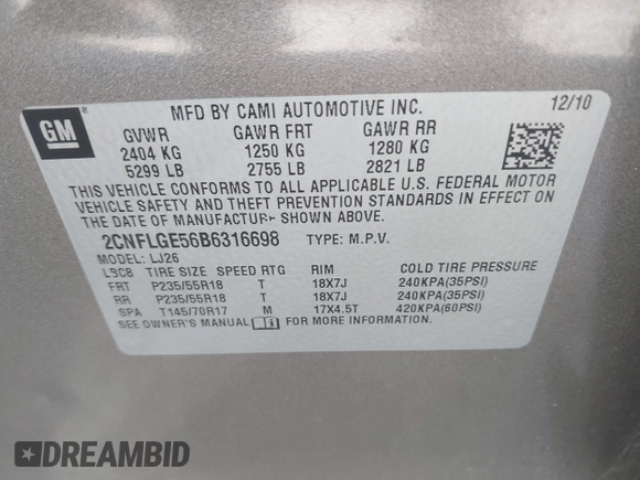 2011 Chevrolet Equinox LTZ with VIN 2CNFLGE56B6316698, listed as a IAAI auction lot 41781663 with 142,336 mi miles. Bid and sale history available at carsss.com. Image 9.