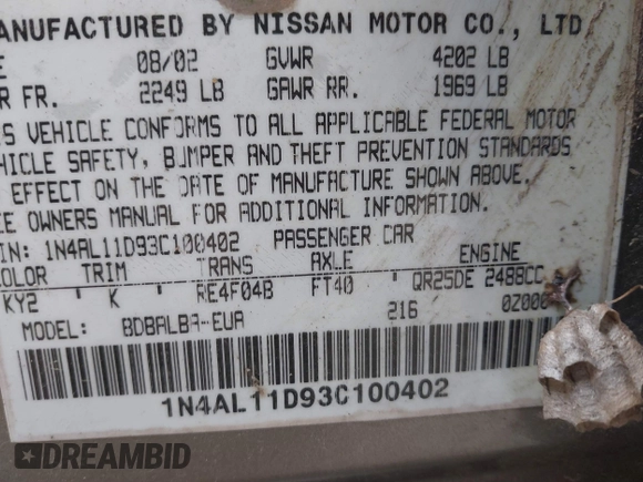 2003 Nissan Altima S with VIN 1N4AL11D93C100402, listed as a IAAI auction lot 41846055 with 234,662 mi miles. Bid and sale history available at carsss.com. Image 9.