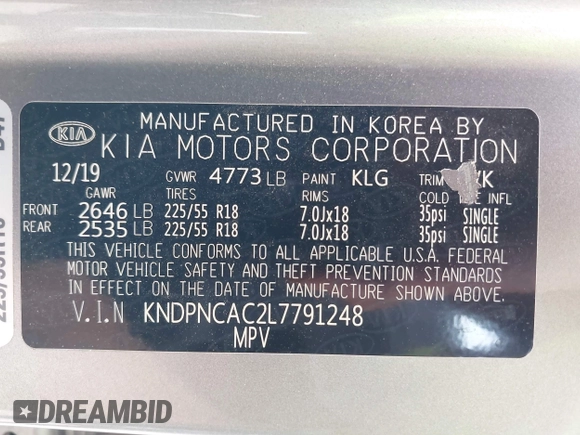 2020 Kia Sportage EX with VIN KNDPNCAC2L7791248, listed as a IAAI auction lot 42104819 with 73,324 mi miles and . Bid and sale history available at DreamBid. Image 9.