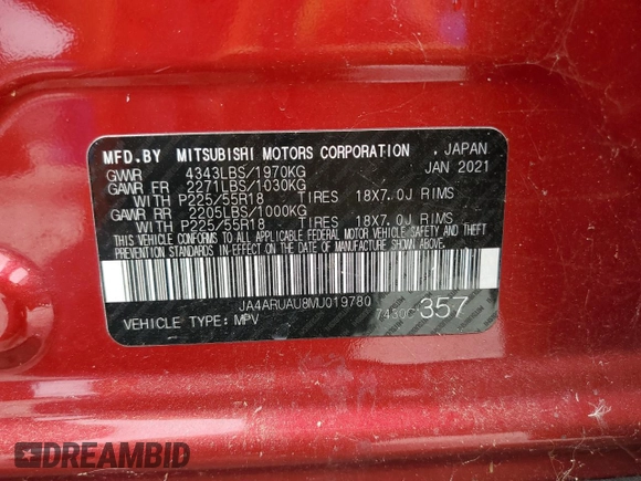 2021 Mitsubishi Outlander ES with VIN JA4ARUAU8MU019780, listed as a Copart auction lot 56278655 with 94,391 mi miles and Clean title. Bid and sale history available at DreamBid. Image 13.