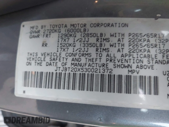 2003 Lexus GX 470 with VIN JTJBT20X530021372, listed as a IAAI auction lot 41772344 with 229,754 mi miles and . Bid and sale history available at DreamBid. Image 9.