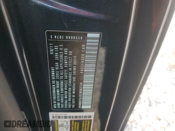 2012 Volkswagen Golf z VIN WVWBB7AJXCW082128, wystawiony jako Copart lot #47961205 z przebiegiem 38 085 mil mil oraz Szkoda całkowita • Salvage title. Historia ofert i sprzedaży dostępna na DreamBid. Obrazek 12.