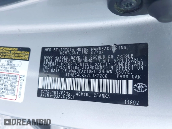 2007 Toyota Camry CE with VIN 4T1BE46K87U187206, listed as a IAAI auction lot 41970144 with 125,295 mi miles. Bid and sale history available at carsss.com. Image 9.