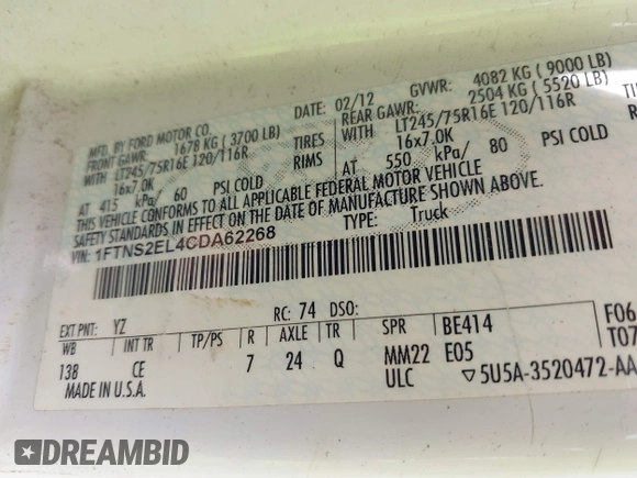 2012 Ford E-Series Commercial z VIN 1FTNS2EL4CDA62268, wystawiony jako IAAI lot #42002522 z przebiegiem Nie podano mil oraz . Historia ofert i sprzedaży dostępna na DreamBid. Obrazek 9.