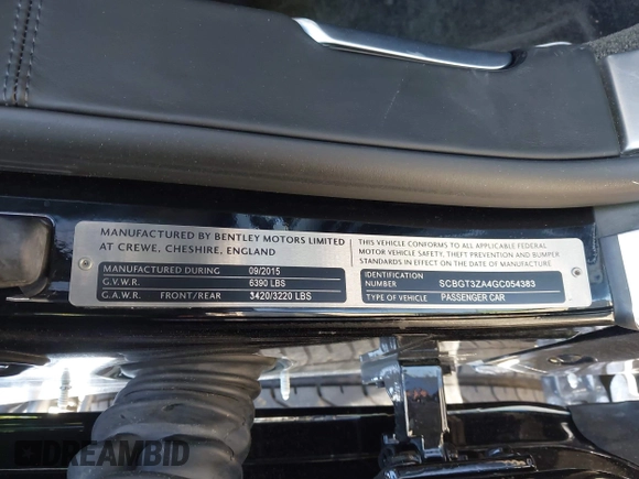 2016 Bentley Continental GT V8 with VIN SCBGT3ZA4GC054383, listed as a IAAI auction lot 41760961 with 21,618 mi miles and . Bid and sale history available at DreamBid. Image 9.