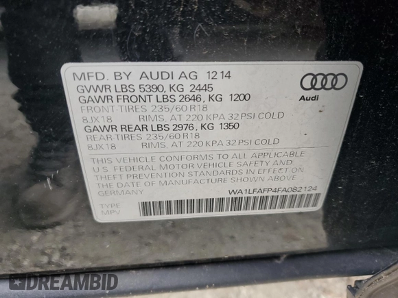 2015 Audi Q5 Premium Plus with VIN WA1LFAFP4FA082124, listed as a Copart auction lot 56188245 with 140,464 mi miles and Salvage title. Bid and sale history available at DreamBid. Image 12.