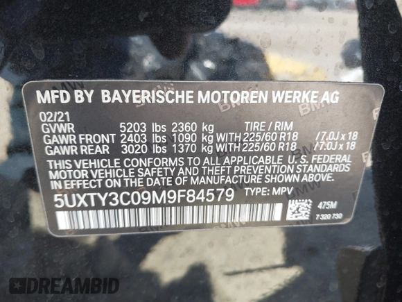 2021 BMW X3 sDrive30i with VIN 5UXTY3C09M9F84579, listed as a IAAI auction lot 41853738 with 56,809 mi miles and . Bid and sale history available at DreamBid. Image 9.
