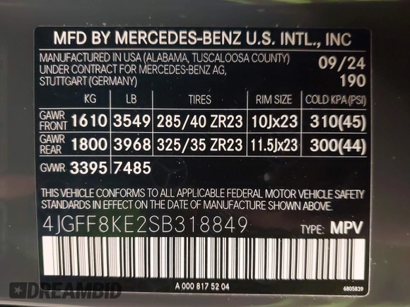 2025 Mercedes-Benz GLS 63 AMG with VIN 4JGFF8KE2SB318849, listed as a IAAI auction lot 41427082 with 442 mi miles and . Bid and sale history available at DreamBid. Image 9.