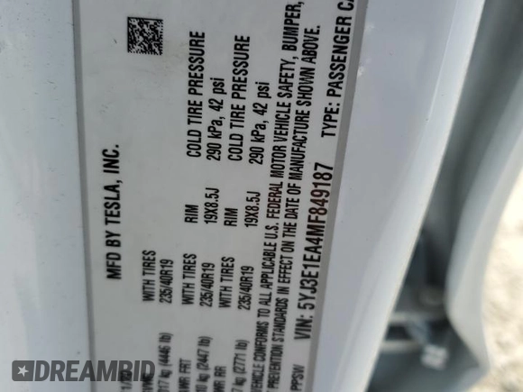 2021 Tesla Model 3 Standard Range Plus with VIN 5YJ3E1EA4MF849187, listed as a Copart auction lot 51689605 with 77,266 mi miles and Salvage Title. Bid and sale history available at carsss.com. Image 12.