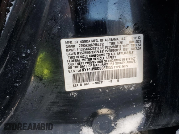 2013 Honda Pilot EX-L with VIN 5FNYF4H58DB037555, listed as a Copart auction lot 44015755 with Not Provided miles and Salvage Title. Bid and sale history available at carsss.com. Image 15.
