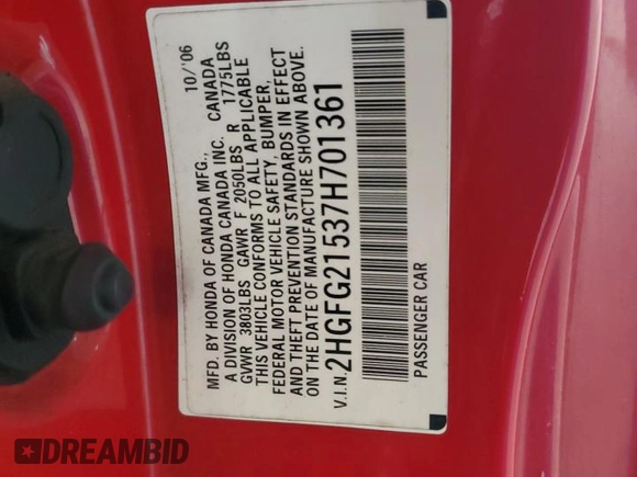 2007 Honda Civic Si with VIN 2HGFG21537H701361, listed as a Copart auction lot 53830495 with 211,471 mi miles and Salvage Title. Bid and sale history available at DreamBid. Image 12.