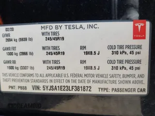 2020 Tesla Model S Long Range with VIN 5YJSA1E23LF381872, listed as a IAAI auction lot 41763046 with 96,720 mi miles and . Bid and sale history available at DreamBid. Image 9.