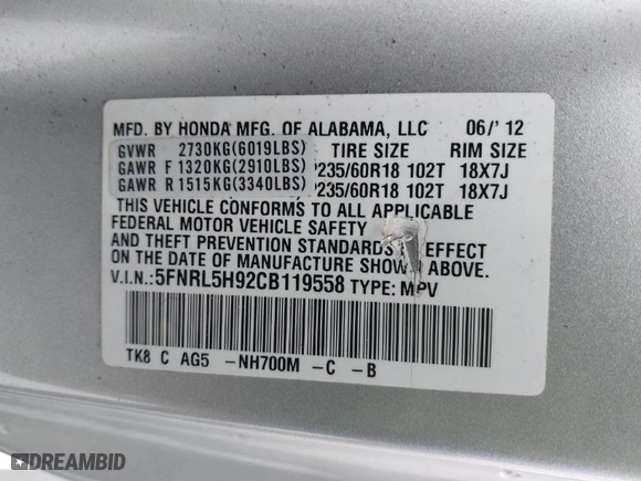 2012 Honda Odyssey Touring with VIN 5FNRL5H92CB119558, listed as a IAAI auction lot 41548061 with NaN miles. Bid and sale history available at carsss.com. Image 9.