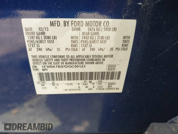 2013 Ford Explorer z VIN 1FM5K7B97DGC50123, wystawiony jako IAAI lot #42801689 z przebiegiem 158 148 mil mil oraz . Historia ofert i sprzedaży dostępna na DreamBid. Obrazek 9.