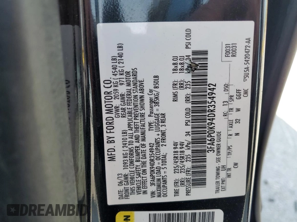 2013 Ford Fusion Titanium with VIN 3FA6P0K94DR354942, listed as a Copart auction lot 52551385 with 177,748 mi miles and Salvage Title. Bid and sale history available at DreamBid. Image 12.