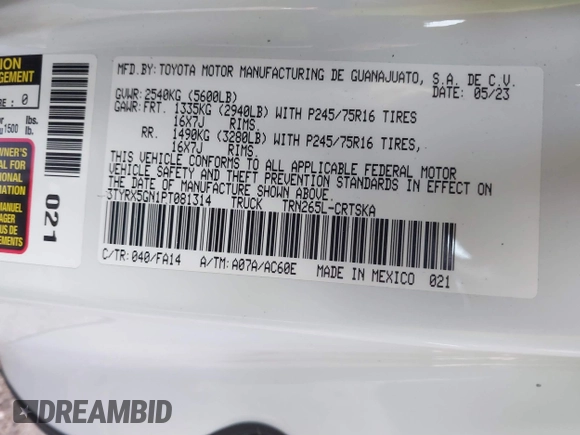 2023 Toyota Tacoma SR с VIN 3TYRX5GN1PT081314, выставлен на аукционе IAAI как лот 41179699 с пробегом 19 476 миль миль и . История ставок и продаж доступна на DreamBid. Изображение 9.