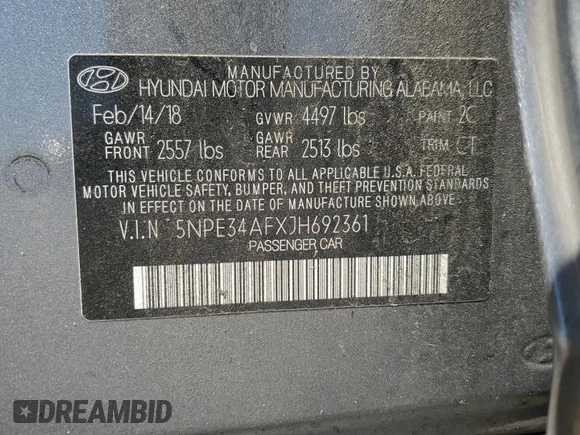 2018 Hyundai Sonata Limited with VIN 5NPE34AFXJH692361, listed as a Copart auction lot 52628605 with 56,220 mi miles and Salvage Title. Bid and sale history available at carsss.com. Image 12.