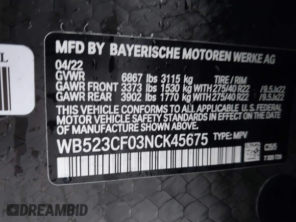 2022 BMW iX xDrive50 z VIN WB523CF03NCK45675, wystawiony jako IAAI lot #41443866 z przebiegiem 21 923 mil mil oraz . Historia ofert i sprzedaży dostępna na DreamBid. Obrazek 9.