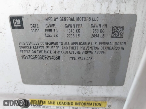 2012 Chevrolet Malibu 1LT with VIN 1G1ZC5E03CF214530, listed as a IAAI auction lot 42047209 with 157,915 mi miles and . Bid and sale history available at DreamBid. Image 9.