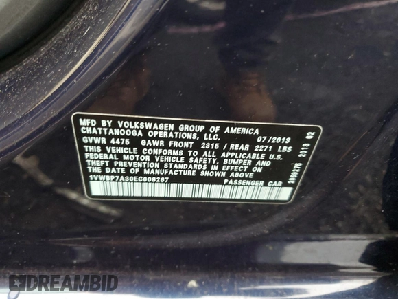 2014 Volkswagen Passat SE with VIN 1VWBP7A30EC008267, listed as a Copart auction lot 60261435 with 93,306 mi miles and Salvage title. Bid and sale history available at DreamBid. Image 12.