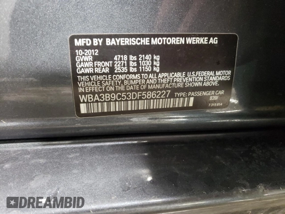 2013 BMW 3 Series 335i xDrive with VIN WBA3B9C53DF586227, listed as a Copart auction lot 82055754 with 161,371 mi miles and Salvage title. Bid and sale history available at DreamBid. Image 12.