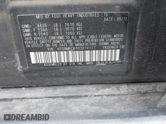 2013 Subaru Legacy Premium with VIN 4S3BMBC61D3014177, listed as a IAAI auction lot 42185367 with 162,254 mi miles and . Bid and sale history available at DreamBid. Image 9.
