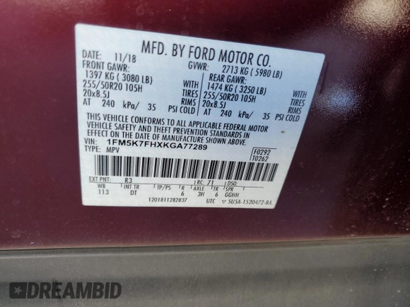 2019 Ford Explorer Limited z VIN 1FM5K7FHXKGA77289, wystawiony jako Copart lot #54759465 z przebiegiem 68 585 mil mil oraz Szkoda całkowita • Salvage title. Historia ofert i sprzedaży dostępna na DreamBid. Obrazek 14.