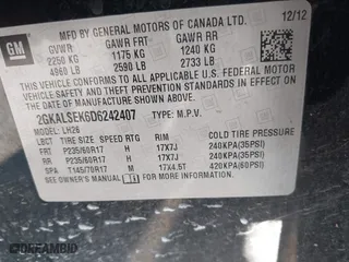 2013 GMC Terrain SLE with VIN 2GKALSEK6D6242407, listed as a IAAI auction lot 41896287 with 156,434 mi miles. Bid and sale history available at carsss.com. Image 9.
