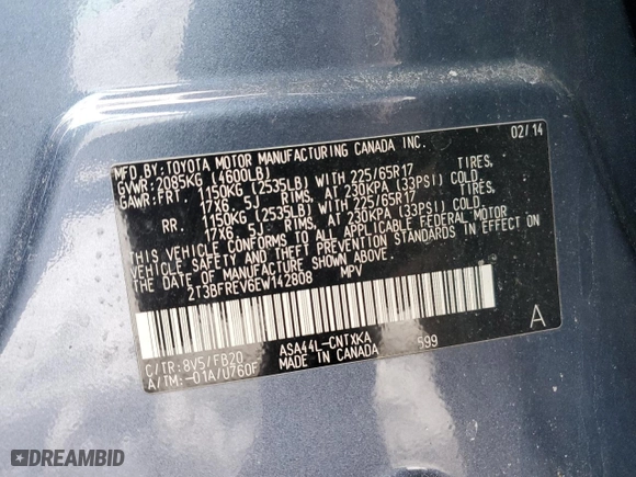 2014 Toyota RAV4 LE with VIN 2T3BFREV6EW142808, listed as a Copart auction lot 44782105 with 117,527 mi miles and Salvage Title. Bid and sale history available at carsss.com. Image 13.