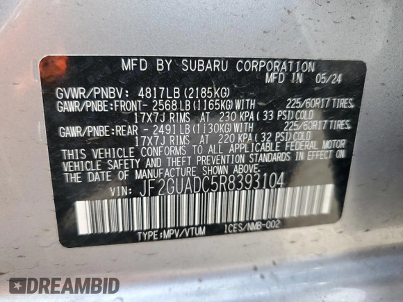 2024 Subaru Crosstrek Premium с VIN JF2GUADC5R8393104, выставлен на аукционе Copart как лот 55308255 с пробегом 4 077 миль миль и Списание • Salvage title. История ставок и продаж доступна на DreamBid. Изображение 12.