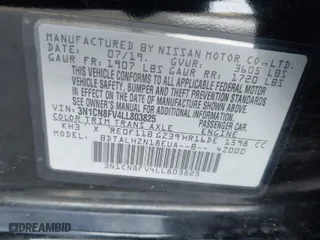 2020 Nissan Versa SR with VIN 3N1CN8FV4LL803825, listed as a IAAI auction lot 41203411 with 74,059 mi miles. Bid and sale history available at carsss.com. Image 9.