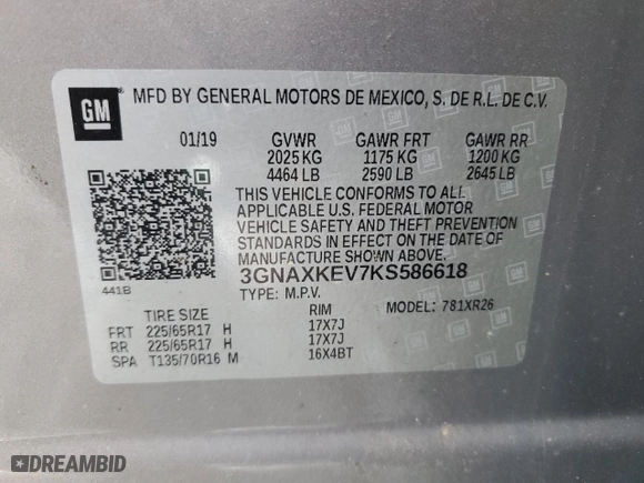 2019 Chevrolet Equinox LT with VIN 3GNAXKEV7KS586618, listed as a Copart auction lot 45562575 with 72,016 mi miles and Salvage Title. Bid and sale history available at carsss.com. Image 15.