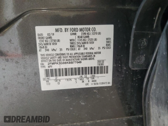 2019 Ford Edge SE with VIN 2FMPK3G98KBB77049, listed as a Copart auction lot 56592035 with 120,092 mi miles and Salvage title. Bid and sale history available at DreamBid. Image 13.