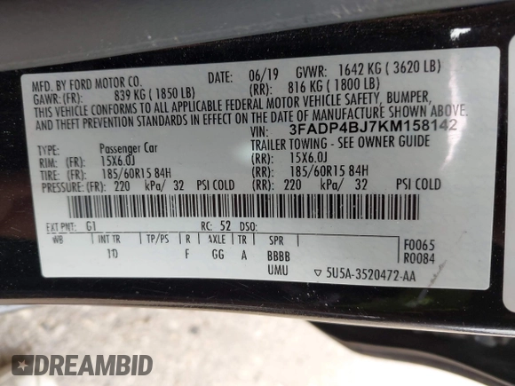 2019 Ford Fiesta SE z VIN 3FADP4BJ7KM158142, wystawiony jako IAAI lot #41510806 z przebiegiem 55 315 mil mil oraz . Historia ofert i sprzedaży dostępna na DreamBid. Obrazek 9.
