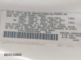 2002 Toyota Tacoma z VIN 5TEVL52N52Z079509, wystawiony jako IAAI lot #41371588 z przebiegiem 220 579 mil mil oraz . Historia ofert i sprzedaży dostępna na DreamBid. Obrazek 9.