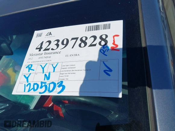 2012 Hyundai Elantra GLS z VIN KMHDH4AE5CU310634, wystawiony jako IAAI lot #42397828 z przebiegiem 120 503 mil mil oraz . Historia ofert i sprzedaży dostępna na DreamBid. Obrazek 13.