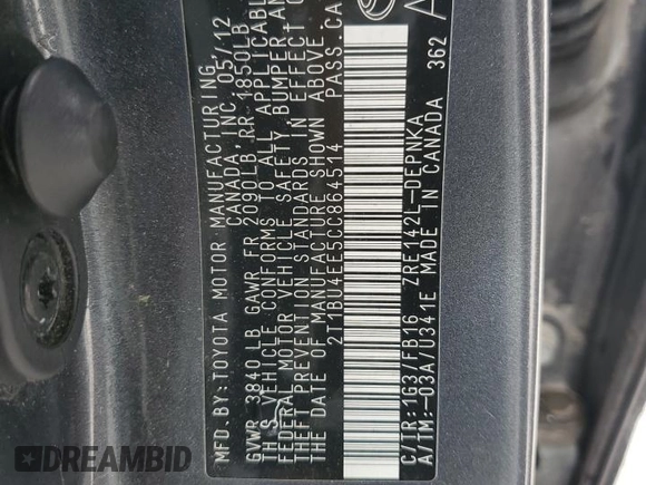 2012 Toyota Corolla L with VIN 2T1BU4EE5CC864514, listed as a Copart auction lot 51810015 with 230,186 mi miles and Salvage Title. Bid and sale history available at carsss.com. Image 13.